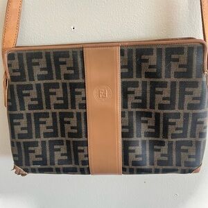 Fendi Black and Tan Messenger Bag with Iconic FF Monogram